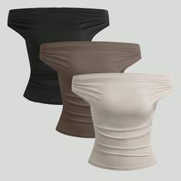 3-pack Women' Solid Color T-shirts, Sexy Off-shoulder/strapless Polyester Tops, Sleeveless Regular Length Tees For All