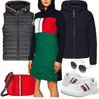 Outfit mit Schwarz/Grau/Dunkelgrau Reiseweste/Funktionsweste/Outdoorweste/Ärmellose Weste/Kurze Weste/Steppweste/Isolationsweste/Daunenweste/Puffer Weste Tommy Hilfiger "Auffälliger Look für den Herbst"
