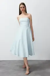 Blue A-Cut Woven Elegant Evening Dress
