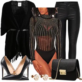 Winter Outfits Knielang mit Schwarz/Silber/Orange Außergewöhnliche Bluse/Sportliche Bluse/Extravagante Bluse/Transparente Bluse/Bluse mit Trichterkragen/Glitzerbluse/Pailletten Bluse/Blusenbody SEBOWEL "AOOAR"