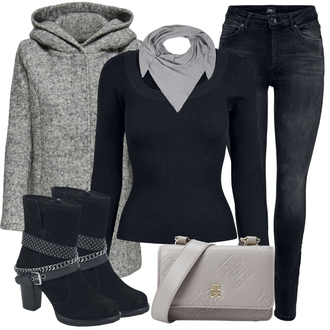 Outfit mit Grau/Hellgrau/Dunkelgrau Tuch/Bandana/Loop Schal/Schal Zwillingsherz "Praktischer Look"