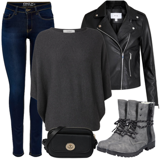 Outfit mit Schwarz/Grau/Dunkelgrau Strick Große/Klassische Tunika/Bluse Lederjacke/Oversize Bluse/Tuniken-Shirt/Shirt & Top Große Größe/Tunika/Pullover Mit Fledermausärmel/Kaschmir Pullover JdY "Cooles Herbst Outfit"