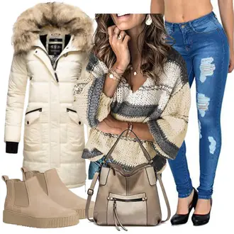 Outfit mit Beige/Creme/Khaki/Weiß Mantel mit Reißverschluss/Langer Wintermantel/Mantel mit Fellkragen/Langer Daunenmantel/Parka/Daunenmantel/Wintermantel MARIKOO "Auffälliger Look für den Winter"