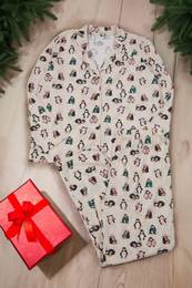 Curve Beige Shirt Collar New Year Themed Knitted Pajama Set