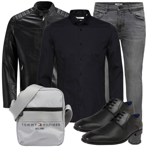 Grau/DunkelGrau/HellGrau Biker Jeans/Lederjacke/Leder Schuhe/Slim Fit Jeans/ThermoJeans/Herren Lederjacke/Winterjacke/Jeans mit Schlitz/Low Rise Jean Only & Sons kombinieren