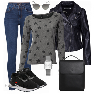 Biker Outfit mit Pastell/Blau/DunkelBlau/Braun Mantel/Bikerjacke/Kurzjacke/KunstLederjacke/Leder Bomberjacke/Lederjacke/Nachhaltige Jacke/Vintage Jacke/Vintage Lederjacke/Hose Große Größe Freaky Nation "Heine Pullover"