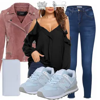 Eine Schulter Outfit mit Schwarz/Rosa/Braun SchlupfBluse/Bluse/Verspielte Bluse/LangarmBluse/VolantBluse/Offene Bluse/Crash­Bluse/Einfarbige Bluse/Bluse Oberteil Parabler "Rosa Lederjacke"