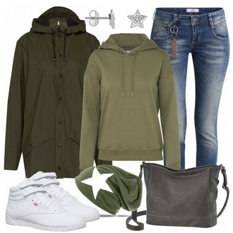 Militär Outfit mit Dunkelgrün Hut Ohrenwärmer & Stirnband/Ohrenwärmer/Kopftuch/Bandana/Army Cap Caspar "GreenStar"Look: Militär, Bundeswehr, Retro, 80er