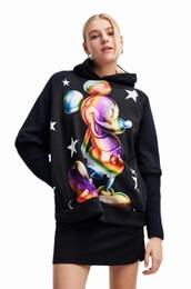 Bombažen pulover x Disney ženski, črna barva, s kapuco