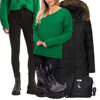 Zima Outfit s Černá/Zelená/Tmavě zelená Džíny Kožená bunda/Termální Džíny/Zimní bunda/Džíny s Rozparkem/Motorkářské Džíny/Kožené Boty top secret "Outfit na podzim"