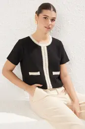 Black Color Block Crop Regular/Normal Pattern Tweed Knitted Blouse