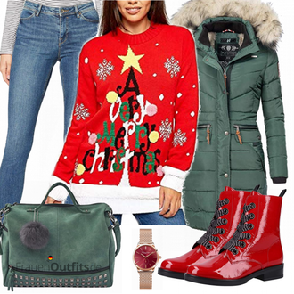 Outfit mit Rot/Dunkelrot Flache Stiefelette/Biker Boot/Wasserfester Schuh/Wasserdichter Stiefel/Lederjacke/Schnürstiefelette Gabor "Avacoo Damen"