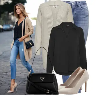 Elegant Outfit mit Schwarz Einfarbige Bluse/Crash­Bluse/Blusenbody/Bluse Mit Knopf/Bluse mit Stehkragen/Bluse/Business Bluse/LangarmBluse/SchlupfBluse/Lederjacke VERO MODA "Stylische Kombination für den Frühling"Look: Workwear, Smart Casual, Casual, Edel, Elegant, Unisex, Overdressed, Oversize