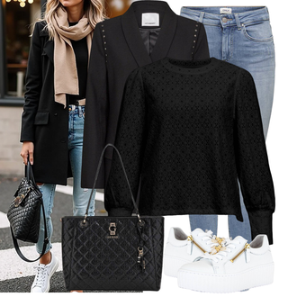 Outfit met zwart Shirt & Top/Kanten shirt/Kanten Top/Blouse Topje/Gebreide Top/Ballonoverhemd/Overhemd Top/Turtleneck Shirt/Feest Top/Kinderspeelgoed/Blouse met Oogjesborduurwerk OBJECT COLLECTORS ITEM "Coole Lente Outfit"