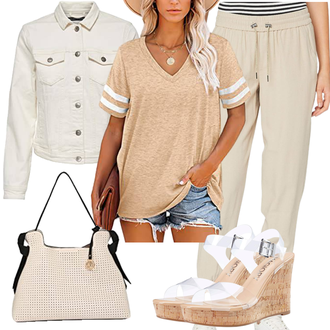 Sport Outfits 70er mit Beige/Creme/Weiß/Orange/Khaki Jacke Only "Perfekt für die Freizeit"Look: Uni, 90er, Workwear, Grunge, Oversize, Egirl, Vintage, Streetwear, Classic, Trendige, Unisex, Smart Casual, 70er