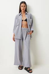 Happiness stanbul Women's Gray Wide Pocket Linen Blend Shirt and Trousers Set