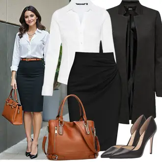 Business Outfits Büro Sommer mit Schwarz/Rot/Lila/Weiß/Grün Rock Mit Gummizug/Italienischer Rock/Wadenlanger Rock/Cocktail Rock/Knielanger Rock/Rock Zum Binden/Christlicher Rock/Bleistiftrock/Wickelrock, Creme/Weiß Slim Fit Bluse/Blusenbody VERO MODA, Braun/Weiß/Dunkelbraun Vintage Pumpe/Lederschuh/Eleganter Schuh/Slingback Pumps/Slingpump/Bequemer Pump/Business-Schuh/High Heel Pumps/Hochfrontpump JESSICA SIMPSON "Eleganter Look"Look: Casual, Elegant, Leger, Büro, Business, Empire, Edel, Classic, Old Money, Schick, Französische, Burlesque
