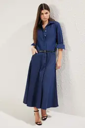 Dark Blue Flounce Skirt Maxi Denim Shirt Dress
