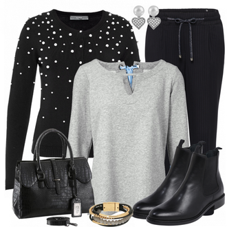 Stoff Outfit mit Schwarz/Braun Chelsea Boot/Flache Stiefelette/Gummistiefelette/Lederjacke/Leder Stiefelette Edited "Margarita"