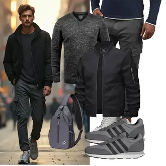 Stehkragen Outfit mit Schwarz/Dunkelgrau/Dunkelblau Collegejacke/Uniformjacke/Fliegerjacke/Jacke mit Seitlichem Reißverschluss/Bomberjacke KEFITEVD "Freizeit Outfit"