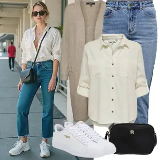 Smart Casual Outfit mit Khaki/Weiß/Beige Blusenbody/SeidenBluse/Bluse Mit Ellen­bogen-patch/3/4 Bluse/SchlupfBluse/Bluse Mit Knopf/Leinen­Bluse Only "Perfekt für die Freizeit"Look: Edel, Smart Casual, Safari, Casual, Schick, Workwear, Nahtlos, Classic