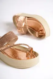 Capone Studded Band with Stones and Stitched Detailed Wedge Heel Metallic Women's Slippers.