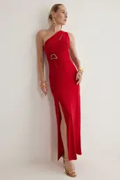 Red Body-fitting Accessory Detailed Knitted Long Elegant Evening Dress & Graduation Dress