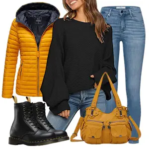 Outfit mit Gelb HerbstJacke/OutdoorJacke/WinterJacke/Puffer Jacke/HybridJacke/DaunenJacke/ThermoJacke/SteppJacke/Verstaubare Jacke/IsolationsJacke/KapuzenJacke/SommerdaunenJacke MARIKOO "Herbstlicher Look"