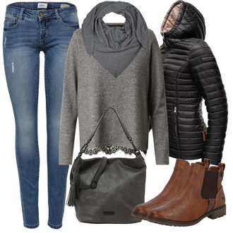 Slouchy Kaschmir Outfit mit Grau/Dunkelgrau/Hellgrau Tuch/Loop Schal/Hut Bandana/Schal Zwillingsherz "Outfit für den Herbst"