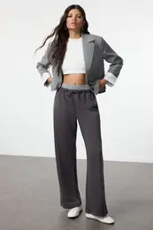 Anthracite Elastic Waist Detailed Straight/Flat Pattern Knitted Sweatpants