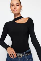 Black Cut Out Detail Choker Neck Fitted/Situated Flexible Snaps Knitted Body