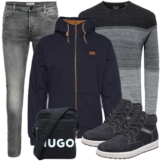 Outfit mit Grau/Dunkelblau/Dunkelgrau Strick Top/Rollkragenshirt/Ringelshirt/Langarm-Shirt/Sport-Top Only & Sons "Alltag Outfit"