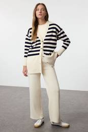 Stone Button Detailed Jacquard Striped Cardigan Trousers Knitwear Bottom-Top Set