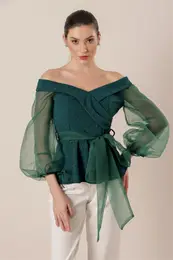 By Sayg Madonna Collar Sleeve Organza Belted Silvery Lycra Blouse