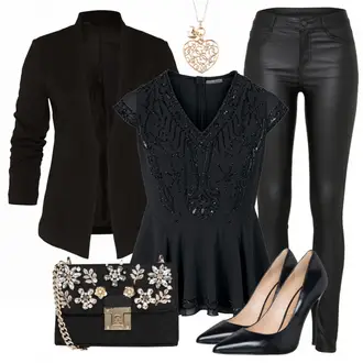 Party Outfits mit Schwarz/Weiß Lederjacke/Lederimitathose/Lederlegging/Leggings Lederoptik/Lederhose/Skinny Hose/Treggings/Biker Jeans/Thermojeans Vila "BlingBling"