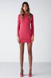 Belissa Women's Wide Ribbed Stretch Fabric Wrapped Bodycon Iced Mini Fuchsia Dres