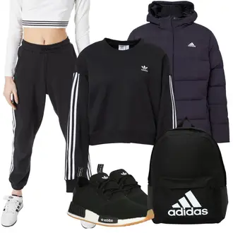 90er Outfit mit Schwarz Mannstasche/Mini-Rucksack/Sportrucksack adidas sportswear "Sport Outfit"Look: Unisex, Classic, Sportlich, Retro, Moderne, Hip Hop, 90er