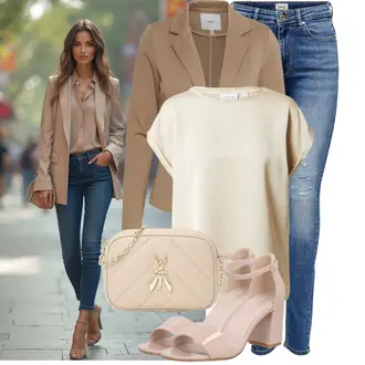 Outfit sa Bež/Smeđa/Zlatni/Kaki/Bijela Majica I Top Veći Broj/Tunika/Bluza Veći Broj Vila "Moderan outfit za slobodno vrijeme"