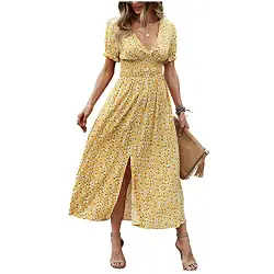 Bylphy Damen Blumen Sommerkleider Strandkleider V-Ausschnitt Blumen Boho Lange Kleider Maxikleider Sexy (S, Gelb)