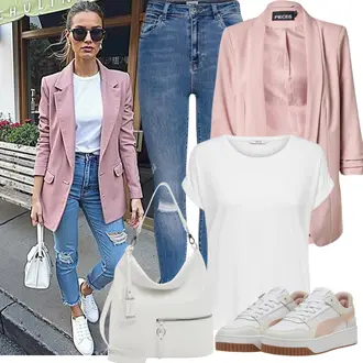 Business Outfits Sportlich mit Beige/Rosa Schmaler Sneaker/Sommer Sneaker/Vintage Sneaker/Sneaker Low/Plateau-Sneaker Puma "Perfektes Büro Outfit"Look: Indoor, Esthetische, Sportlich, Streetwear, Retro, Casual, Smart Casual