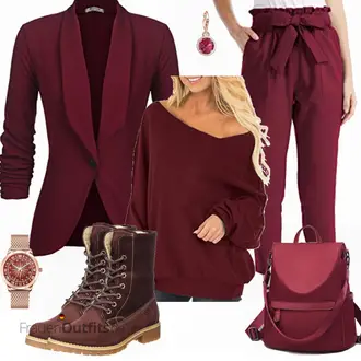 Lang Outfit mit Rot/DunkelRot/Bordeaux Strick­blazer/Lederjacke/Blazerjacke/Longblazer/Lässiger Blazer/Blusenblazer/Eleganter Blazer Unibelle "Auxo Damen Langarm Schu"