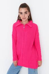 Fuchsia Thessaloniki Braided Zippered Knitwear Sweater