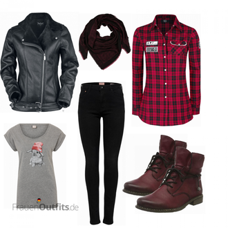 Outfit mit Dunkelrot/Lila/Rot/Bordeaux Klassischer Stiefel/Winter Stiefelette/Leder Stiefelette/Flache Stiefelette/Gefütterte Stiefelette/SchnürStiefelette Rieker "Karo im Herbst"