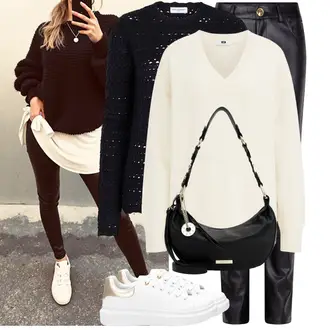 Nat Effect Outfit met zwart/grijs/Donkergrijs Broek van kunstleer/Leren Broek/Vinyl broek/Leggings Lederlook/Instapbroek/Leren legging radical "Modieuze lente-outfit"Look: Jaren 20, Elegant, Unisex, Nat Effect
