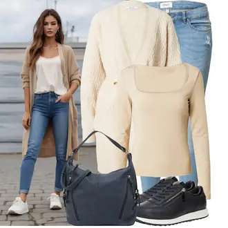 Outfit s Krémová/Béžová/Oranžová/Bílá/Khaki Pletený Oděv Zavinovací svetr/Dlouhé Kardigany/Zimní svetr/Kašmírový kardigán/Svetr s podšívkou/Svetr boucle/Vlněný kardigán About You "Stylový look na jaro"