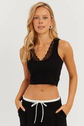 Women's Black Lace Detailed Crop Blouse CY446