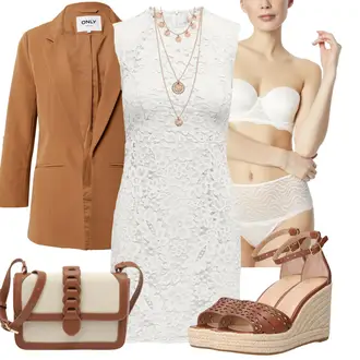 Hochzeit Gast Outfit mit Grau/Creme/Weiß/Braun Hochgeschlossenes Kleid/SpitzenKleid/MiniKleid/EtuiKleid/Ärmelloses Kleid Only "Sommer Look für modische Frauen"Look: Geburtstag, 40 Geburtstag, Taufe, Konzert, Silvester, Besondere Anlässe, Hochzeit