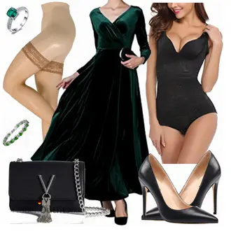 Outfit mit Dunkelgrün/Grün Samtkleid Urbancoco "Urbancoco"