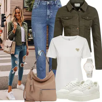 Jeans Outfit mit Blau/Hellblau Girlfriend Jeans/Boyfriend Jean/Knöchelstiefel/Jeans mit Schlitz/High Waist Jeans/Lederjacken/Jeans mit Loch Pieces "Modisches Frühlingsoutfit"