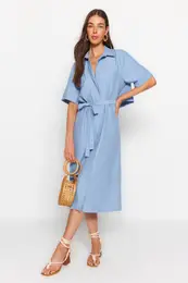 Blue Belted Midi tkana majica s podrobnostmi hrbta Tkana obleka